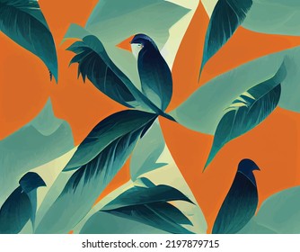 A beautiful abstract design of tropical birds and leaves on an orange background. Summertime design.