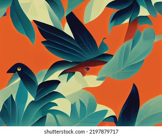 A beautiful abstract design of tropical birds and leaves on a red background. Summertime mood.