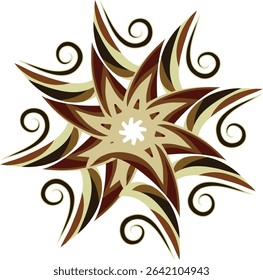 A beautiful abstract digital art piece featuring a symmetrical floral star with layered earth-tone petals and swirling tendrils on a clean white background,