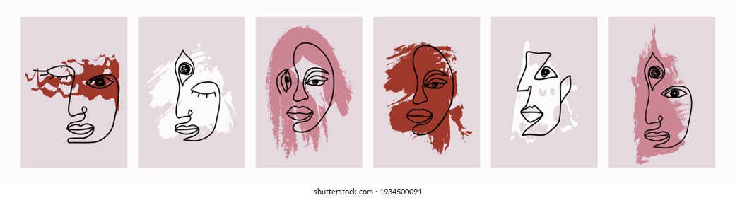 Beautiful abstract faces people set. Linear profiles characters with pink hair third eye who comprehended self awareness and red astral who love green world and cover their eyes in vector reverie.