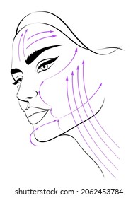 Beautiful abstract female face with massage lines for facelift with beauty injections in cosmetology or plastic surgery, vector illustration. Anti-aging therapy and care for women