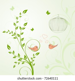 Beautiful abstract floral background with birds and  butterflies