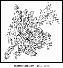 Beautiful  abstract floral design. Coloring book anti stress for adults. Vector illustration. Black and white in zentangle style.