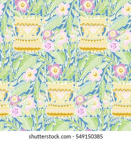 Beautiful abstract  floral pattern. Decorative pattern with green leaves and pink flowers. It can be used for background