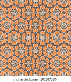 beautiful abstract floral seamless pattern. orange and gray polygons, segments and shapes with black outlines are grouped and lined up against a brown background. vector 
