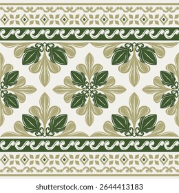 Beautiful Abstract Florals with Green Olive Shades on Beige Background. Delicate Embroidery Royal Silk Weaves Handicraft Botanical Border Pattern. Elegance Baroque Scroll Ornament Diamond Tiles Mosaic