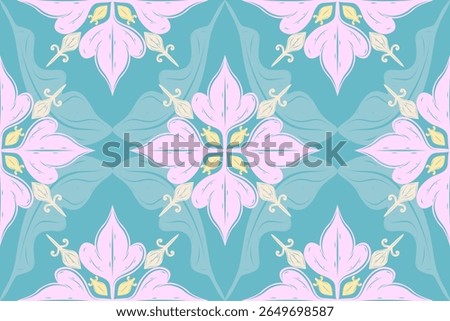 Beautiful Abstract Florals Pattern Seamless Design with Delicate Hand Drawn Ornament in Pink Yellow Blue Shades. Dainty Intricate Flourish Style for Wallpaper Silk Weaves Dress Fashion Tiles Ceramic