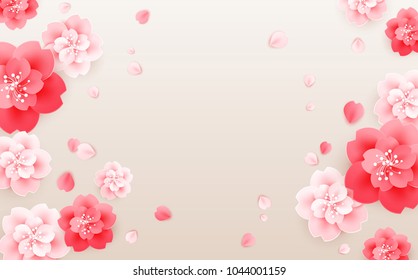 Beautiful abstract flower background with flying cherry flowers and petals -
 beige vector background
