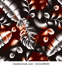 hermoso fondo de flores abstractas vectorial decorativo sin fisuras con hojas de plátano gris planta y follaje sobre fondo de grunge. Patrón sin foco con flores dibujadas a mano. Diseño de verano