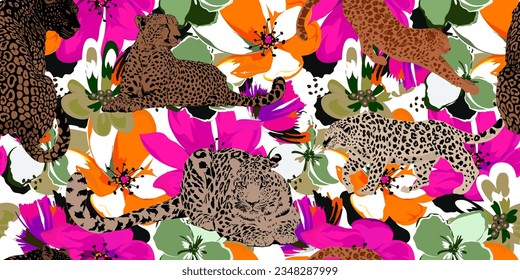 Hermoso diseño de flores abstractas con leopardo ilustrado, colores de verano primaverales, patrón perfecto para tela, papel pintado, camisas. El leopardo exótico sobre flores coloridas.