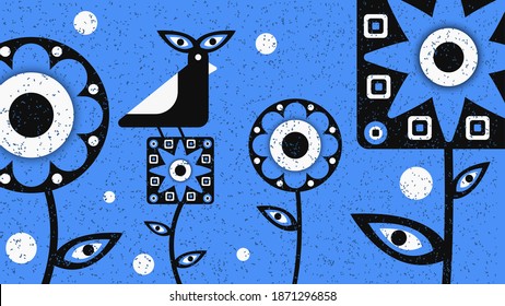 Beautiful abstract flower design on blue background for decoration and invitation. Beauty flora vector modern graphic design with geometric bird. Eps 10 vector
