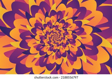 Hermosa ilustración de flores abstractas con pétalos gradientes de color morado, naranja, amarillo y rosa. Plantilla para portada, volante o banner. Ilustración de alta calidad. EPS vectorial 10