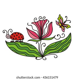 Beautiful abstract flower with ladybug and butterfly. Vector illustration.