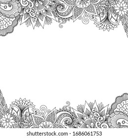 Beautiful abstract flowers frame set for print on product or adult coloring book, coloring page. Vector illustration