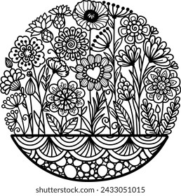 Beautiful abstract flowers inside circle shape for design element and adult coloring book pages. Vector illustration	
