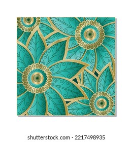 bellas flores abstractas, mandala, vector, fondo, oro y verde