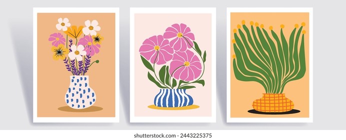 Beautiful abstract flowers and plants in pots, vase rough hand drawn vector illustration. Floral, houseplants, gardening art print.