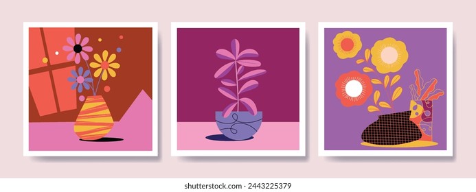 Schöne abstrakte Blumen und Pflanzen in Töpfen, Vase grob von Hand gezeichnete Vektor-Illustration. Blumen, Zimmerpflanzen, Gartenkunstdruck.