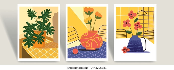 Beautiful abstract flowers and plants in pots, vase rough hand drawn vector illustration. Floral, houseplants, gardening art print.