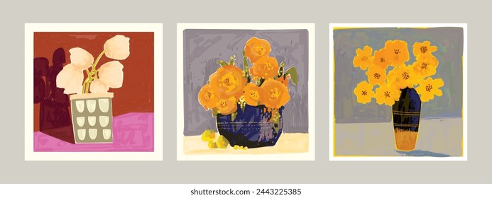 Beautiful abstract flowers and plants in pots, vase rough hand drawn vector illustration. Floral, houseplants, gardening art print.