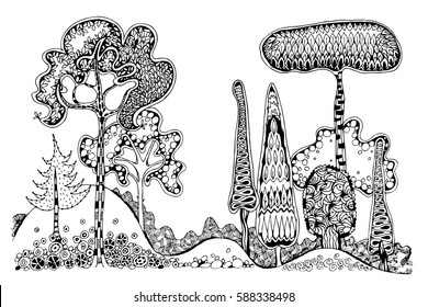 Beautiful abstract forest with different types of trees, Doodle, zentagle style