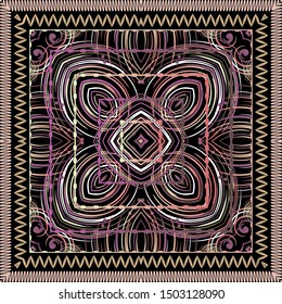 Beautiful abstract geometric lines seamless pattern. Vector ornamental colorful background with zigzag stitching frames, squares, stripes, swirls, spirals, borders. Modern ornament for shawl,carpet, 