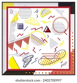 Beautiful abstract geometric shape background scarf. different type motif with vibrant color texture. doted square border bandanna design for kids, textile wallpaper.