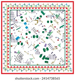 Beautiful abstract geometric shape background scarf. different type motif with vibrant color texture. doted square border bandanna design for kids, textile wallpaper.