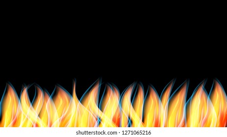Beautiful abstract glowing texture of a hot shiny red orange burning fire with tongues of flame and smoke and copy space on a black background. Vector illustration.