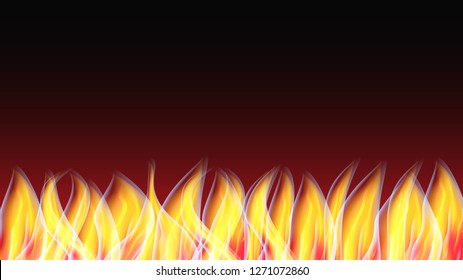 Beautiful abstract glowing texture of a hot shiny red orange burning fire with tongues of flame and smoke and copy space on a black background. Vector illustration.