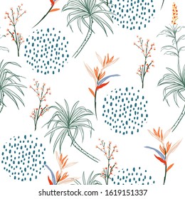 Beautiful Abstract hand drawn tropical leaves ,palm trees ,dizzy flowers with polka dots cirlcle shape seamless pattern vector EPS10 ,fresh color mood design for all prints