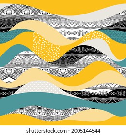 Beautiful abstract hills in yellow, aquamarine and black and white colors. Landscape in Japanese style. Seamless hand drawn pattern for fabric. Fashionable print.