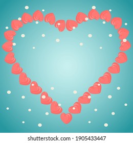  Beautiful abstract illustration with pink heart shaped frame on turquoise background for banner design.  Empty space. Holiday wedding.
