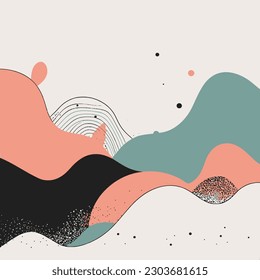 una hermosa ilustración abstracta de olas y puntos en un fondo gris, en el estilo de formas bloqueadas por colores, paisajes coloridos