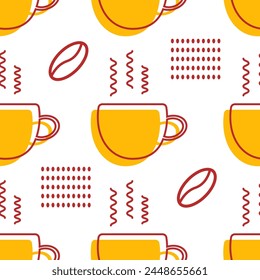 Beautiful abstract kitchen pattern in Memphis style with cups, coffee beans, dots, grid. Yellow red. Print, texture, textile