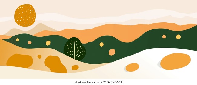 Hermoso paisaje abstracto. Montañas, campos, prados, árboles y sol asombrosos en un cielo azul en un estilo abstracto. Ilustración vectorial para afiches, banner, tarjeta o impresión.