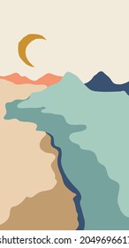 Beautiful abstract landscape, background or card template in modern colors, in popular art style