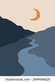 Beautiful abstract landscape, background or card template in modern colors, in popular art style
