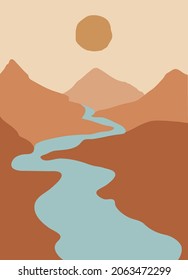 Hermoso paisaje abstracto, fondo o plantilla de tarjeta en colores modernos, ilustración vectorial en estilo de arte popular