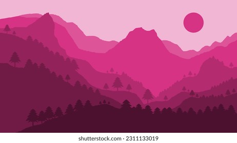 Beautiful abstract landscape of forest and mountains drawn in flat style. Kids nursery mountain, scandinavian mountains, kids wallpaper, Cute Illustration 