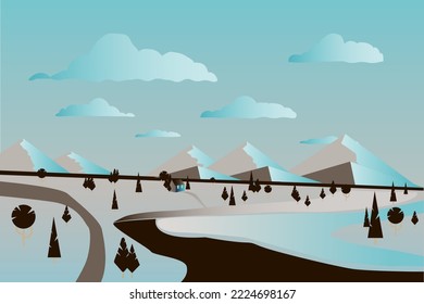 Beautiful abstract landscape with garden and forest. Rural colorful landscape. Design for the development of web design, graphics of the natural landscape. Cartoon vector illustration.
