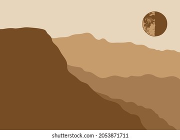 Beautiful abstract landscape with moon, background or card template in modern colors, vector illustration in popular art style