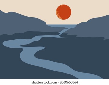 Hermoso paisaje abstracto con luna, fondo o plantilla de tarjeta en colores modernos, ilustración vectorial en estilo de arte popular
