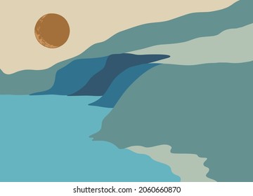 Beautiful abstract landscape with moon, background or card template in modern colors, vector illustration in popular art style