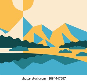 Beautiful abstract landscape in simple cartoon style and using 4 colors. Mountain view scene with lake, rocks, trees and sunny sky
