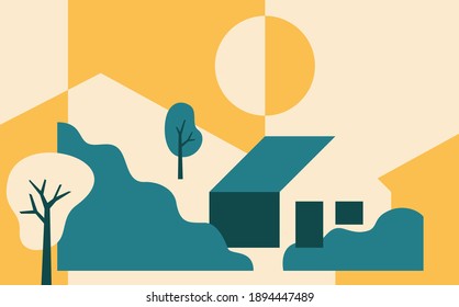 Beautiful abstract landscape in simple cartoon style and using 4 colors. Rural scene with house, hills, trees and sunny sky