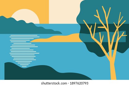 Beautiful abstract landscape in simple cartoon style and using 4 colors. Beautiful scene with lake shore, tree crown and sunny sky 