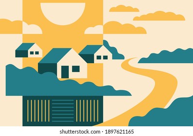 Beautiful abstract landscape in simple cartoon style and using 4 colors. Rural scene with house, fields, trees, road and sunny, cloudy sky