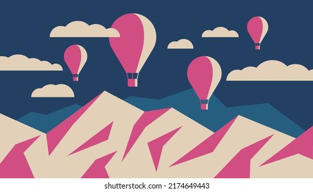 Beautiful abstract landscape in simple cartoon style and vintage colors. Hot air balloons in cloudy sky flying over mountains 