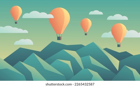 Beautiful abstract landscape in simple cartoon gradient style  Mountainside outdoor scene and rocky ridge   air balloons in cloudy sky
